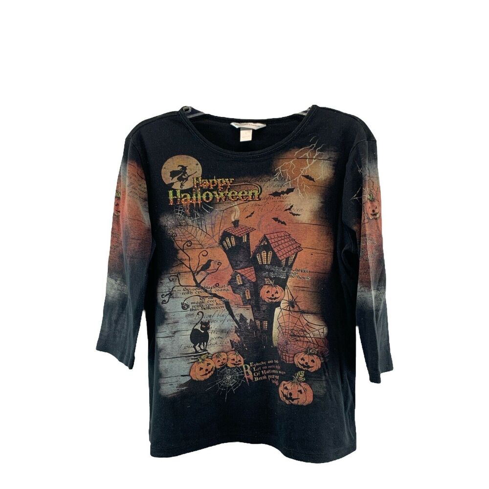 Christopher & Banks Happy Halloween Top Large Black Pumpkin Hunted House Sequins